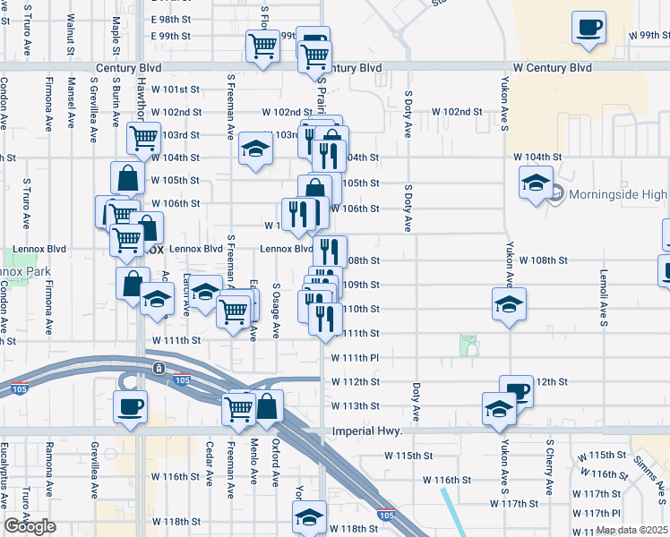 map of restaurants, bars, coffee shops, grocery stores, and more near 10817 South Prairie Avenue in Inglewood