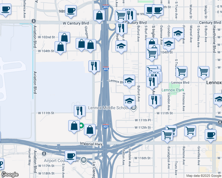 map of restaurants, bars, coffee shops, grocery stores, and more near 5053 West 109th Street in Inglewood