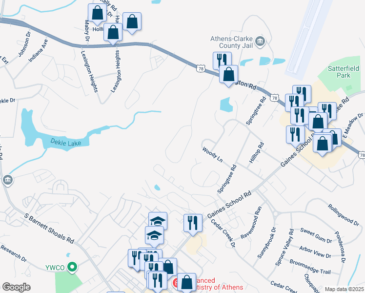 map of restaurants, bars, coffee shops, grocery stores, and more near 243 Seagraves Drive in Athens