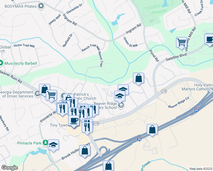 map of restaurants, bars, coffee shops, grocery stores, and more near 100 Castor Drive in Norcross