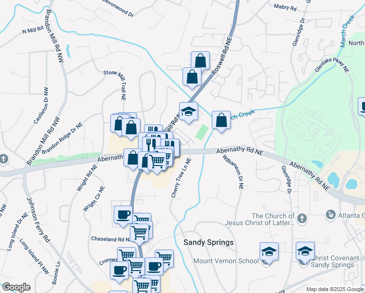 map of restaurants, bars, coffee shops, grocery stores, and more near 359 Alderwood Lane in Sandy Springs