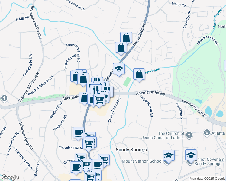 map of restaurants, bars, coffee shops, grocery stores, and more near 345 Alderwood Lane in Sandy Springs