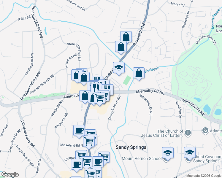 map of restaurants, bars, coffee shops, grocery stores, and more near 347 Alderwood Lane in Sandy Springs