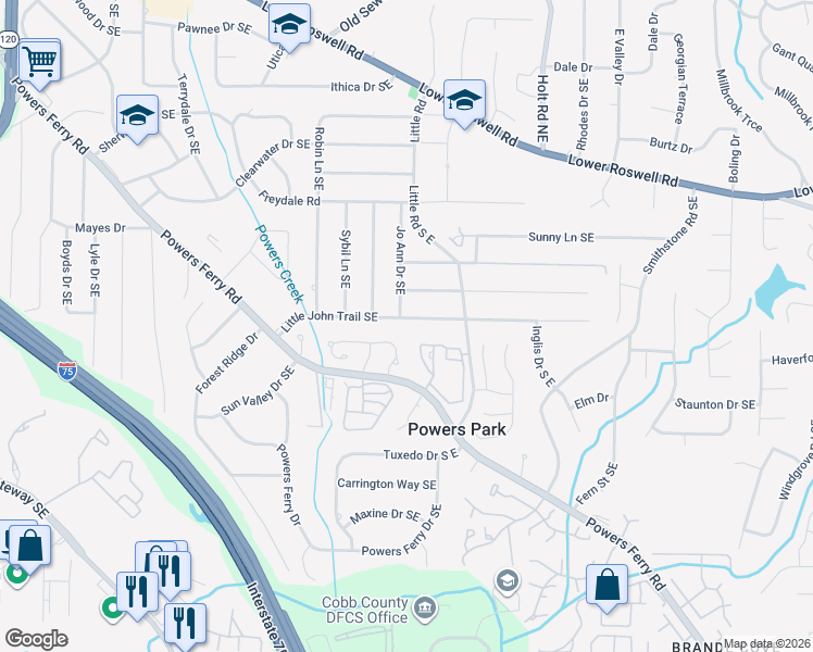 map of restaurants, bars, coffee shops, grocery stores, and more near 2400 Little John Trail Southeast in Marietta