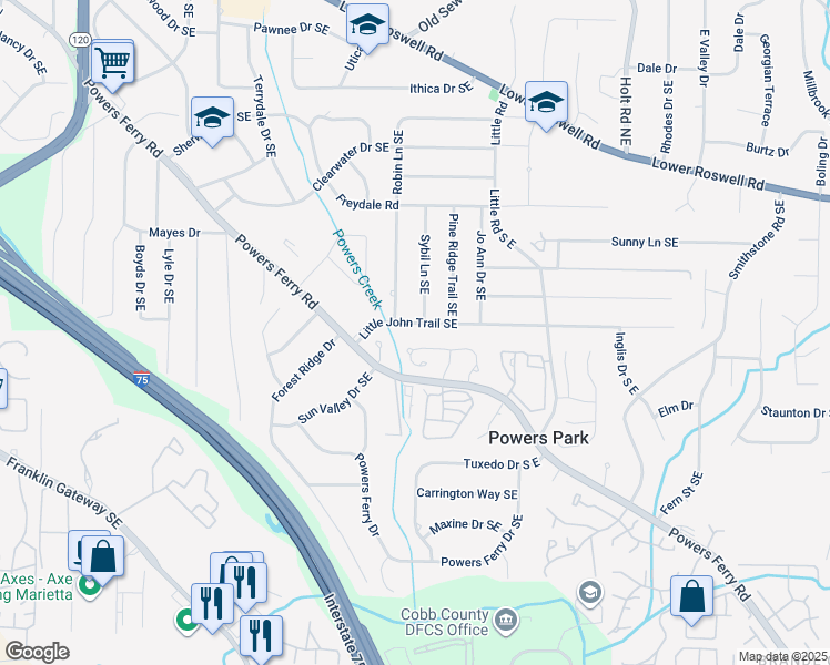map of restaurants, bars, coffee shops, grocery stores, and more near 2300 Little John Trail Southeast in Marietta