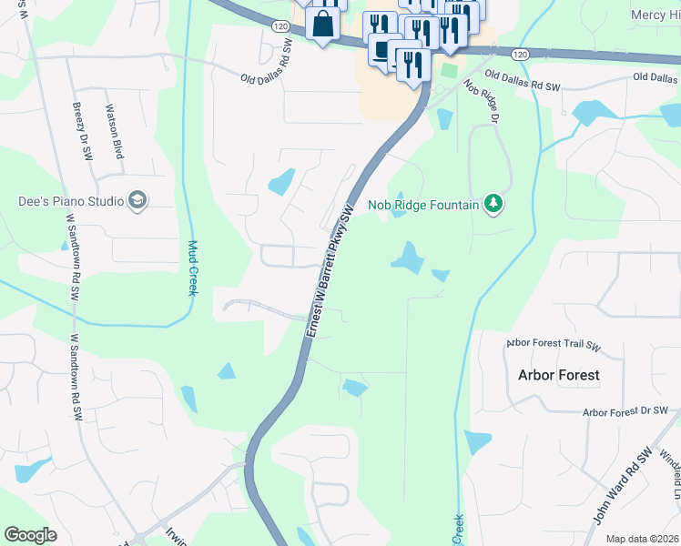 map of restaurants, bars, coffee shops, grocery stores, and more near 3821 Ernest W Barrett Parkway Southwest in Marietta