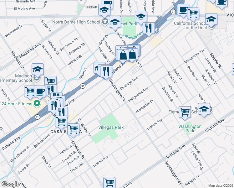 map of restaurants, bars, coffee shops, grocery stores, and more near 3198 Washington Street in Riverside
