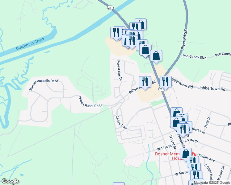 map of restaurants, bars, coffee shops, grocery stores, and more near 275 Bonnet Way Southeast in Southport