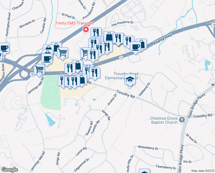 map of restaurants, bars, coffee shops, grocery stores, and more near 105 Idlewilde Drive in Athens
