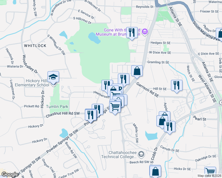 map of restaurants, bars, coffee shops, grocery stores, and more near 680 Powder Springs Street in Marietta