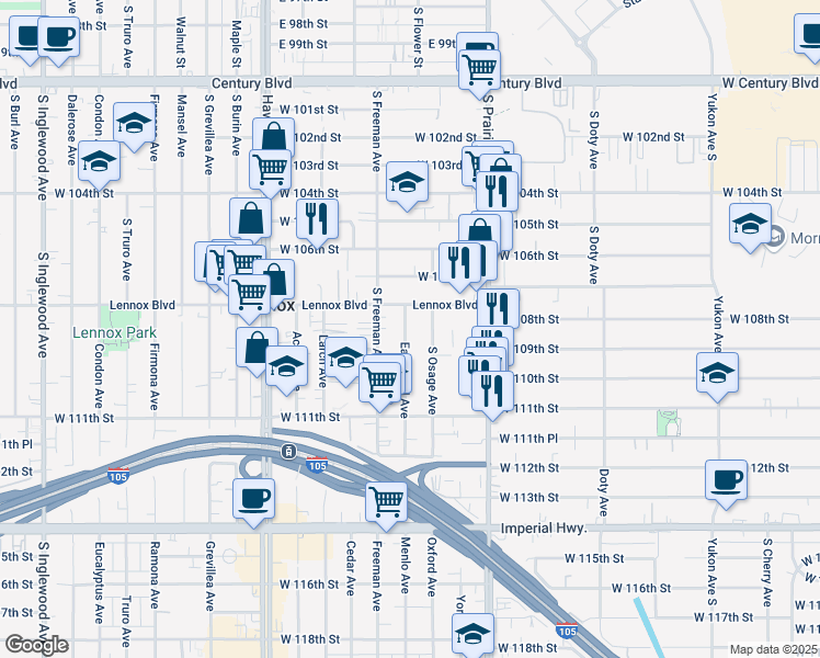 map of restaurants, bars, coffee shops, grocery stores, and more near 10826 Eastwood Avenue in Inglewood
