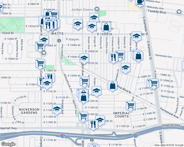 map of restaurants, bars, coffee shops, grocery stores, and more near 1968 Santa Ana Boulevard North in Los Angeles
