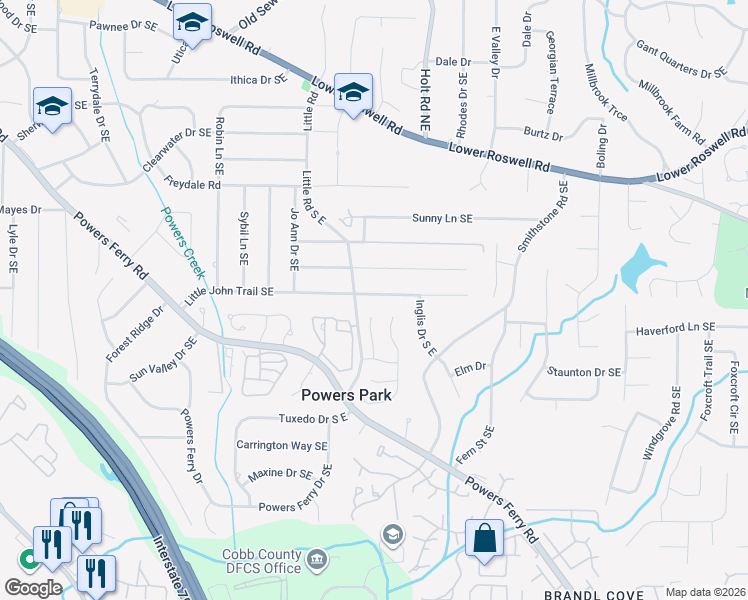 map of restaurants, bars, coffee shops, grocery stores, and more near 2502 Little John Trail Southeast in Marietta