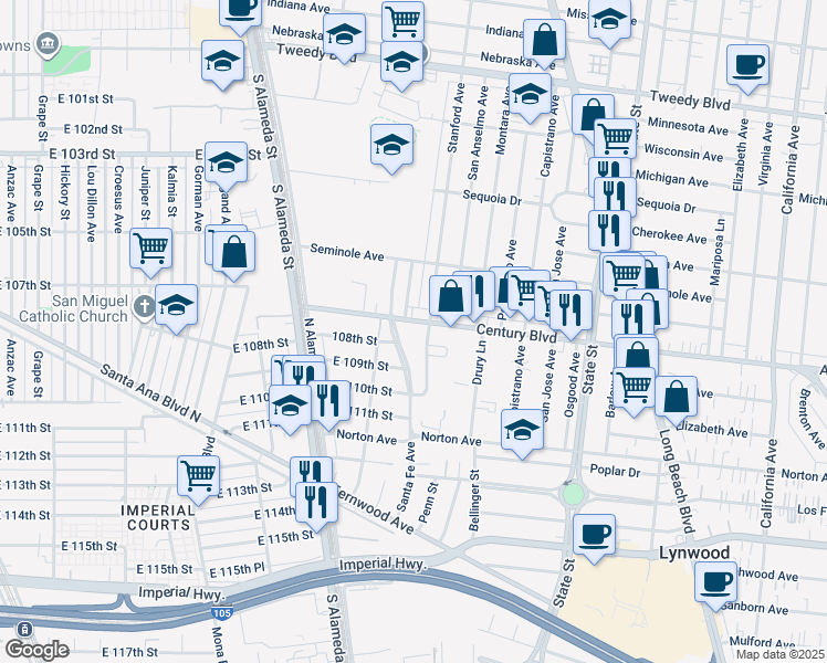 map of restaurants, bars, coffee shops, grocery stores, and more near 2772 Martin Luther King Junior Boulevard in Lynwood