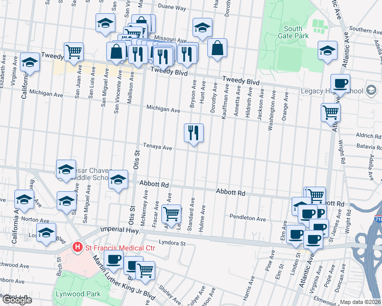 map of restaurants, bars, coffee shops, grocery stores, and more near 10408 Bryson Avenue in South Gate