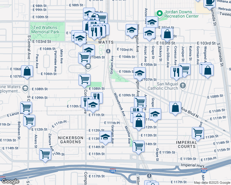 map of restaurants, bars, coffee shops, grocery stores, and more near 10818 Willowbrook Avenue in Los Angeles