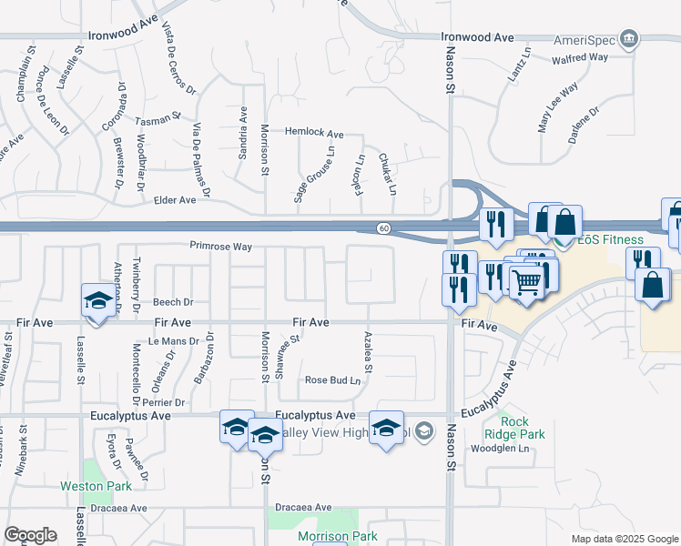 map of restaurants, bars, coffee shops, grocery stores, and more near 12639 Spruce Hill Road in Moreno Valley