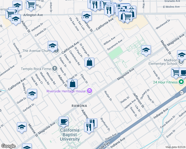 map of restaurants, bars, coffee shops, grocery stores, and more near 3944 Canterbury Road in Riverside