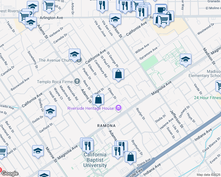 map of restaurants, bars, coffee shops, grocery stores, and more near 3962 Canterbury Road in Riverside