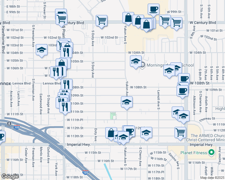 map of restaurants, bars, coffee shops, grocery stores, and more near 3662 West 108th Street in Inglewood