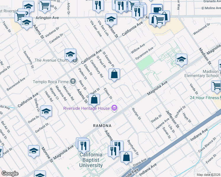 map of restaurants, bars, coffee shops, grocery stores, and more near 3962 Canterbury Road in Riverside