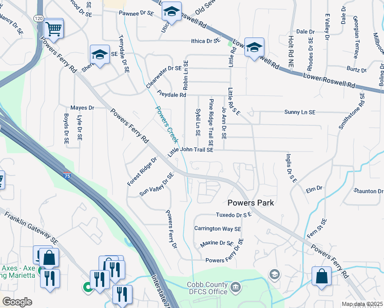 map of restaurants, bars, coffee shops, grocery stores, and more near 2300 Little John Trail Southeast in Marietta