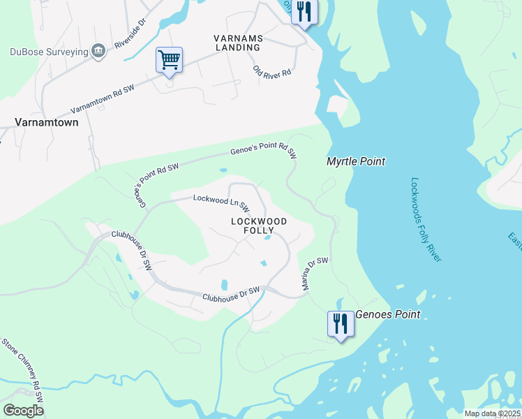 map of restaurants, bars, coffee shops, grocery stores, and more near 3077 East Fairway Circle Southwest in Brunswick County