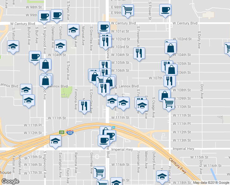 map of restaurants, bars, coffee shops, grocery stores, and more near 10827 Acacia Avenue in Lennox