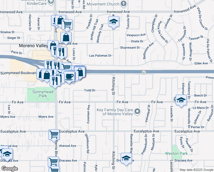map of restaurants, bars, coffee shops, grocery stores, and more near 25445 Sunnymead Boulevard in Moreno Valley