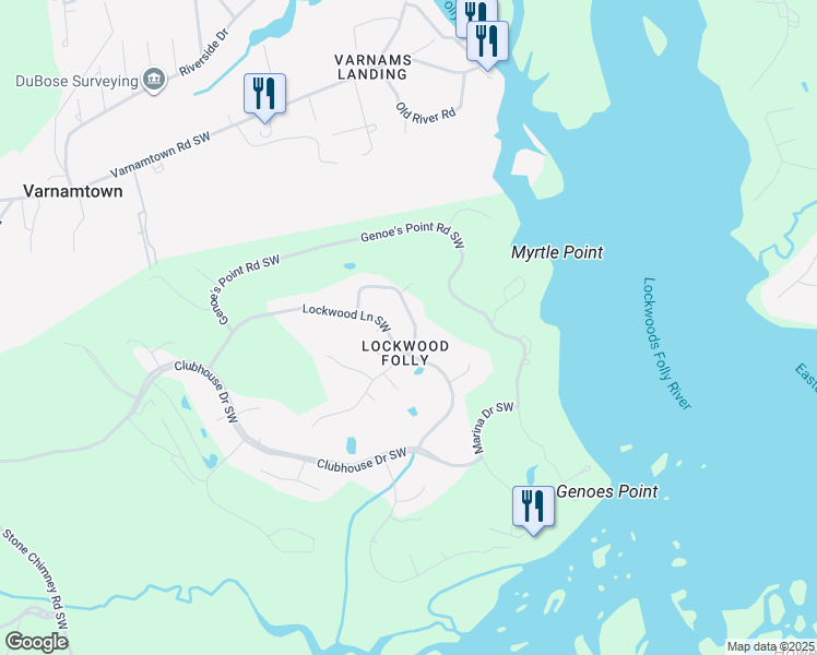 map of restaurants, bars, coffee shops, grocery stores, and more near 3077 East Fairway Circle Southwest in Supply