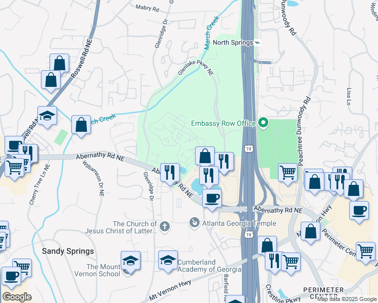 map of restaurants, bars, coffee shops, grocery stores, and more near 6652 Cadence Boulevard in Sandy Springs