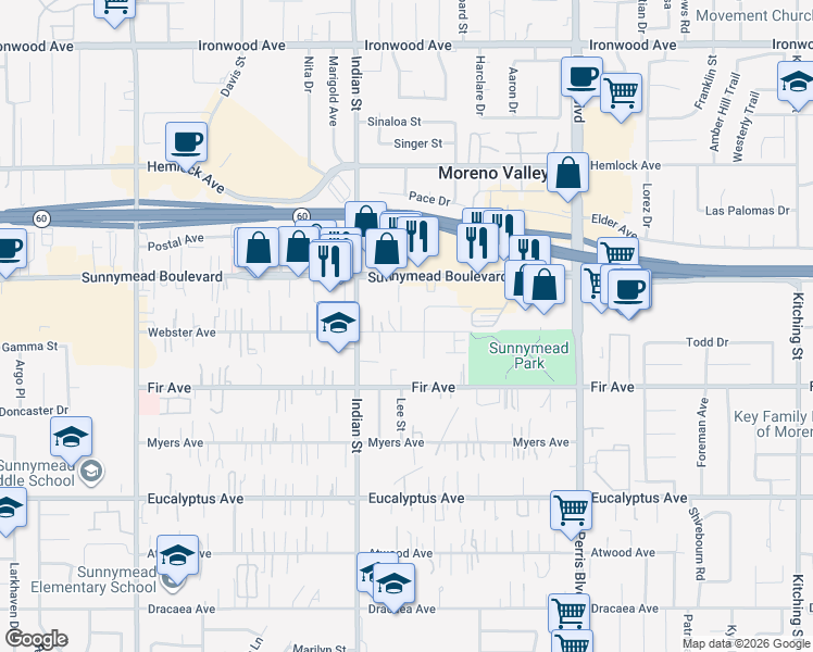 map of restaurants, bars, coffee shops, grocery stores, and more near 24610 Webster Avenue in Moreno Valley