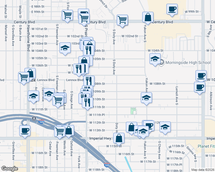 map of restaurants, bars, coffee shops, grocery stores, and more near 3844 West 108th Street in Inglewood