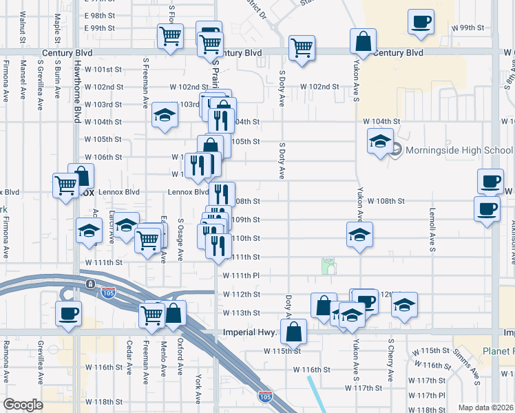 map of restaurants, bars, coffee shops, grocery stores, and more near 3856 West 108th Street in Inglewood