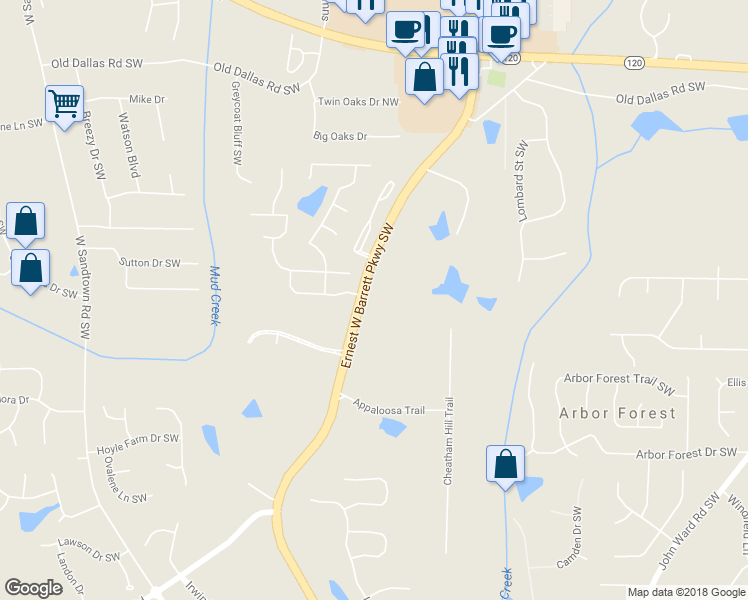 map of restaurants, bars, coffee shops, grocery stores, and more near 3821 Ernest W Barrett Parkway Southwest in Marietta