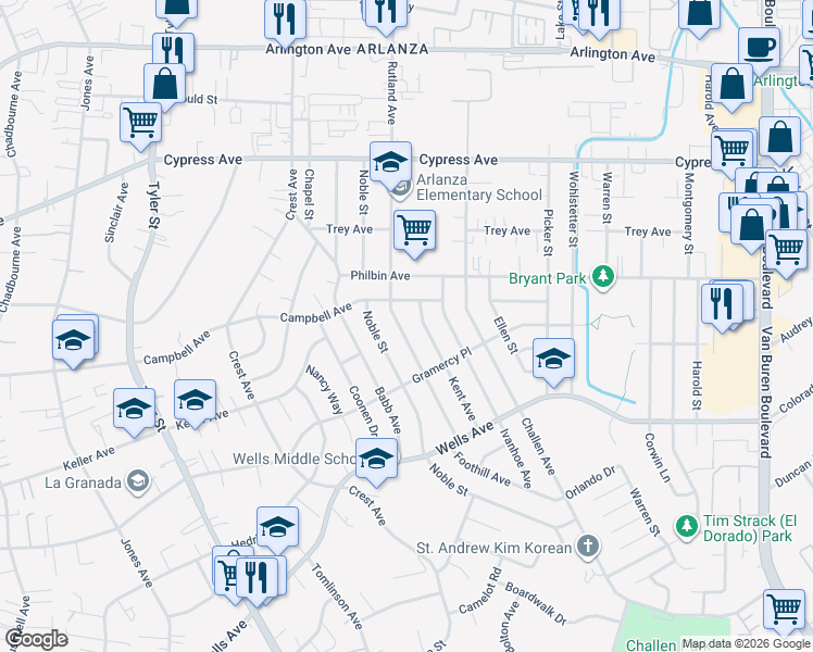 map of restaurants, bars, coffee shops, grocery stores, and more near 5545 Rutland Avenue in Riverside