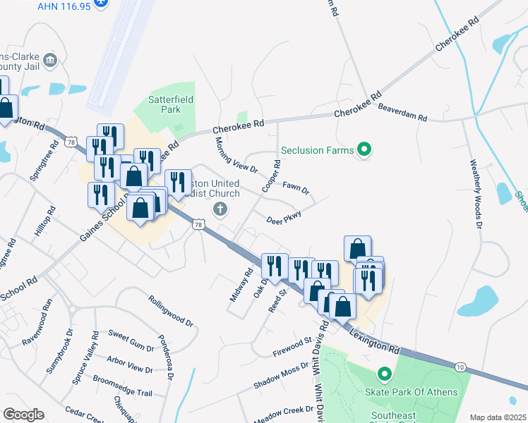 map of restaurants, bars, coffee shops, grocery stores, and more near 135 Deer Parkway in Athens