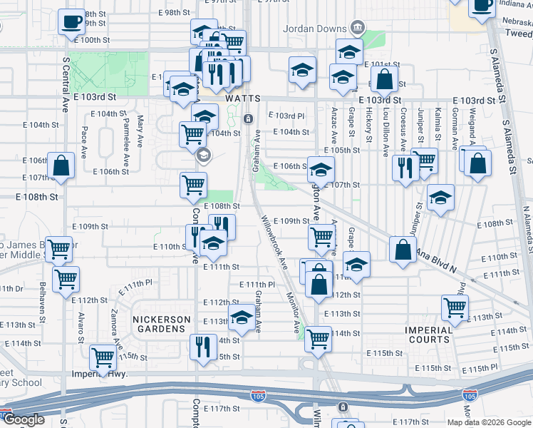 map of restaurants, bars, coffee shops, grocery stores, and more near 10816 Willowbrook Avenue in Los Angeles