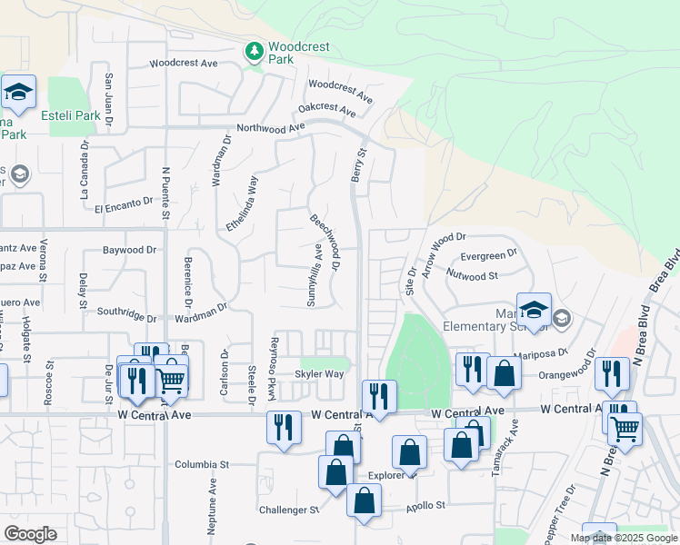 map of restaurants, bars, coffee shops, grocery stores, and more near 1168 Beechwood Drive in Brea