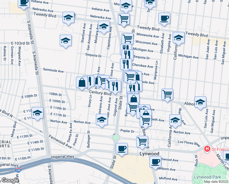 map of restaurants, bars, coffee shops, grocery stores, and more near 3173 Century Boulevard in South Gate