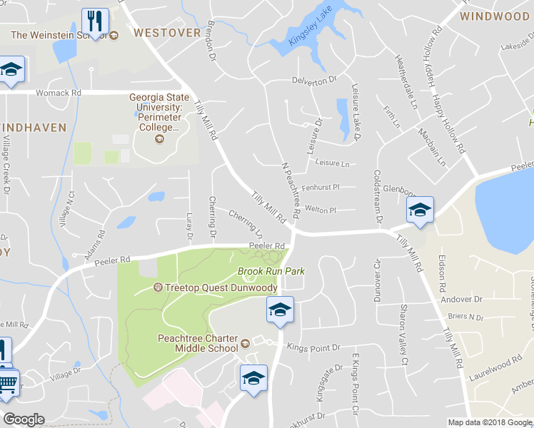 map of restaurants, bars, coffee shops, grocery stores, and more near 4996 Tilly Mill Road in Dunwoody