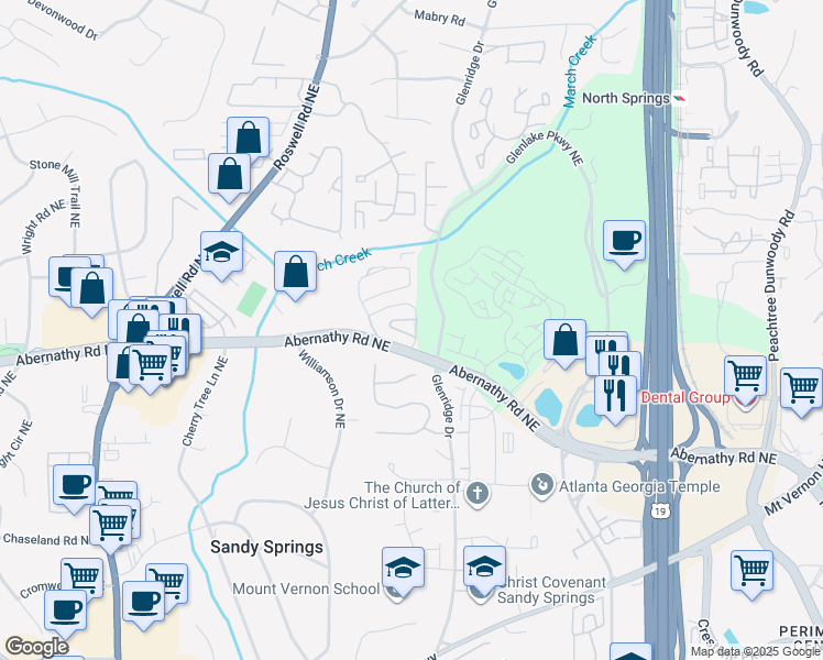 map of restaurants, bars, coffee shops, grocery stores, and more near 527 Willow Heights Drive Northeast in Sandy Springs