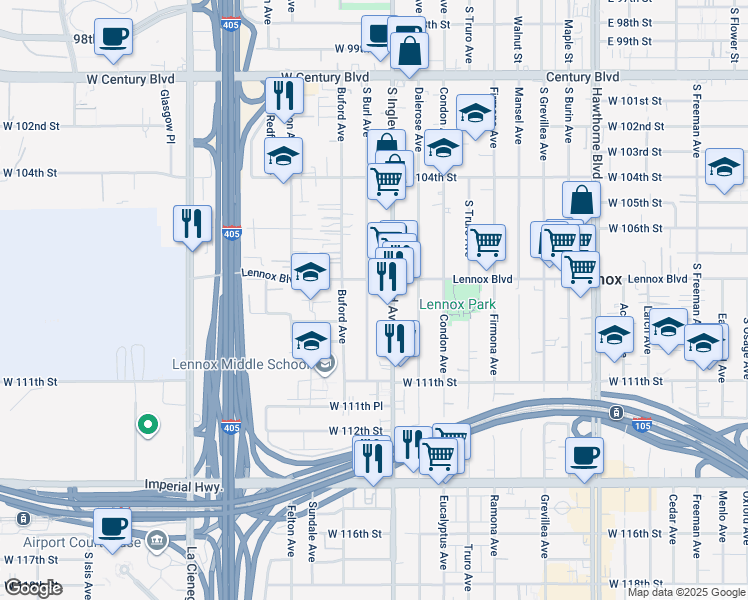 map of restaurants, bars, coffee shops, grocery stores, and more near 10820 South Burl Avenue in Inglewood