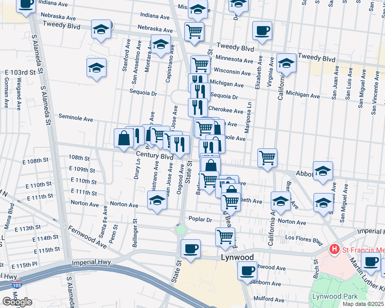 map of restaurants, bars, coffee shops, grocery stores, and more near 10616 State Street in South Gate