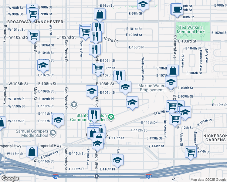 map of restaurants, bars, coffee shops, grocery stores, and more near 703 East 109th Street in Los Angeles