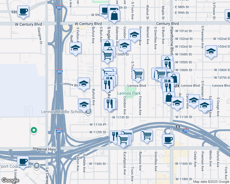 map of restaurants, bars, coffee shops, grocery stores, and more near 10823 Dalerose Avenue in Inglewood