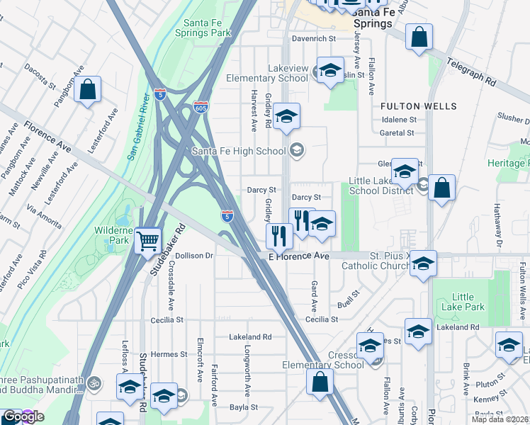 map of restaurants, bars, coffee shops, grocery stores, and more near 10565 Gridley Road in Santa Fe Springs