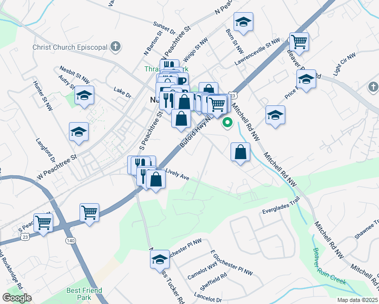 map of restaurants, bars, coffee shops, grocery stores, and more near 5830 Buford Highway in Norcross