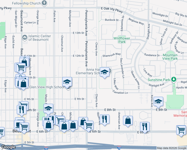 map of restaurants, bars, coffee shops, grocery stores, and more near 1104 Radka Avenue in Beaumont