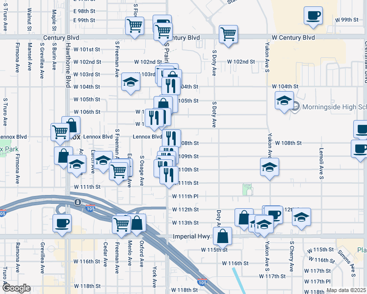 map of restaurants, bars, coffee shops, grocery stores, and more near 3920 West 108th Street in Inglewood